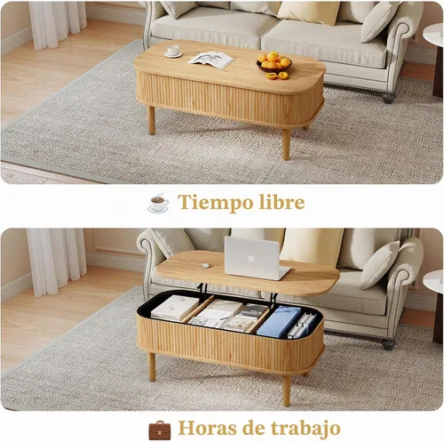 Vista 3 de Mesa de centro acanalada con tapa elevable y almacenamiento oculto, mesa de centro ovalada con tapa elevable, diseño moderno de mediados de siglo