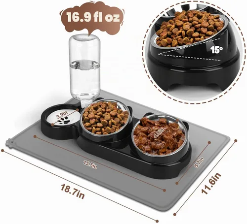 Vista 2 de Juego de cuencos de comida y agua para gatos, cuencos elevados de acero inoxidable para gatos con botella de agua automática y tapete impermeable