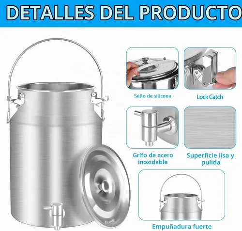 Vista 3 de Cubo de leche de acero inoxidable 304 de 10 litros, cubo de vino con espita de 2.64 galones, jarra de leche con tapa sellada, resistente para leche