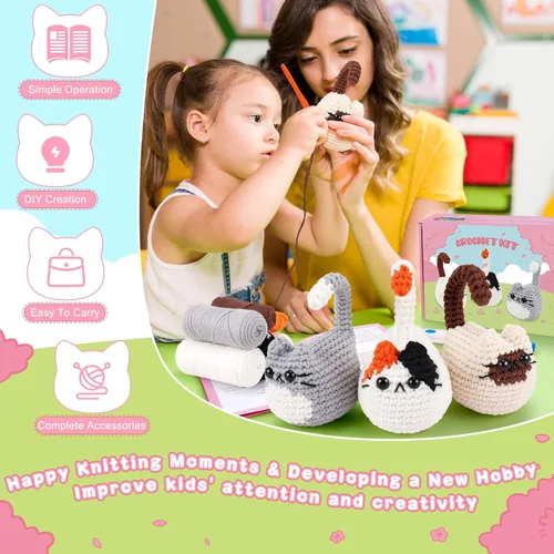 Vista 4 de Kit de ganchillo para gatos para principiantes, 3 piezas, kits de ganchillo para gatos, regalos de agradecimiento para profesores para mujeres, kit