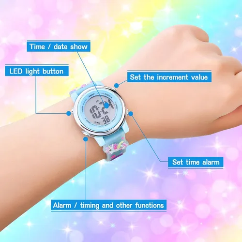 Vista 2 de 2 Pieces Kids Unicorn Watch Toddler Watch and Silicone Wristband Cute 3D Kids Digital Watch Waterproof 7 Color Lights Watch with Alarm Stopwatch