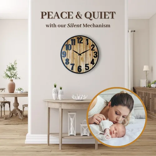 Vista 5 de Montoire Reloj de pared de granja de madera de 24 pulgadas, extra grande para decoración de sala de estar - Grandes relojes rústicos redondos