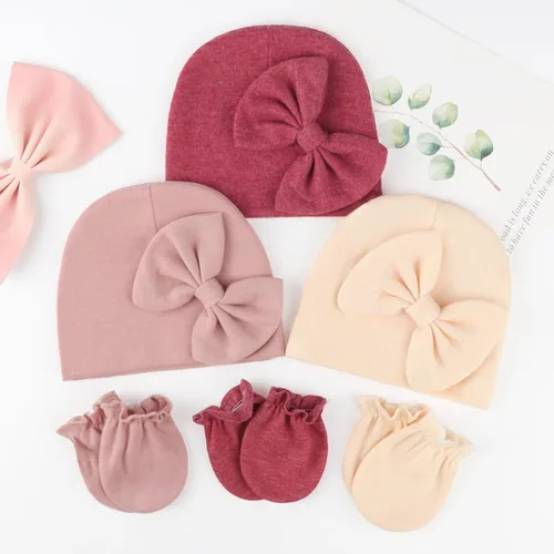 Vista 7 de BQUBO Gorros para Niñas Recién Nacidas Conjunto de Gorro y Manoplas para Bebé Gorros para Infantes con Moño Gorro de Hospital con Manoplas