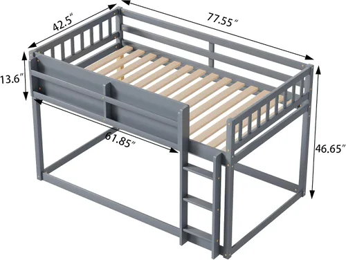 Vista 2 de Harper & Bright Designs Litera baja de madera maciza individual sobre individual para niños y jóvenes, marco de litera con barandillas y escalera
