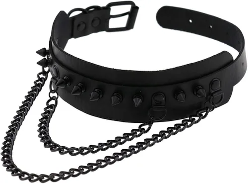 Vista 4 de FM FM42 Unisex Multicolor Simulated Leather PU Black-Tone Rivets Spike Spiked 2 Layer Chains Choker Collar Necklace