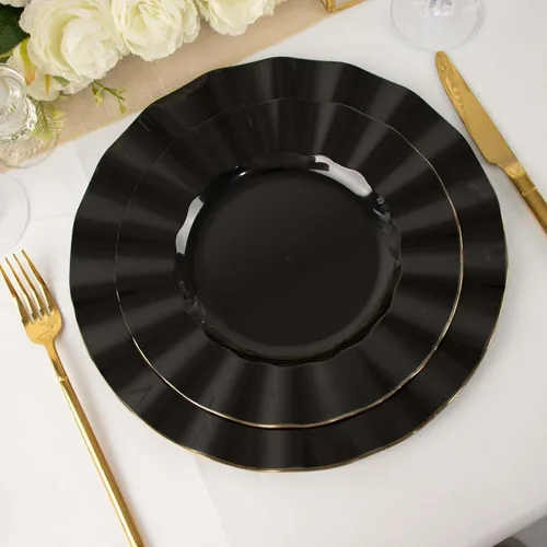 Vista 59 de Efavormart 10 Pack Platos redondos de plástico negro de 6" para postre y ensalada, platos desechables para aperitivos con borde ondulado dorado