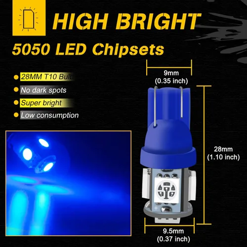 Vista 2 de Qasim Bombilla LED azul de 194, T10 W5W 2825, 158, 192, 168, 194, cuña 5-SMD 5050, ultra azul, para interior del automóvil, 12 V CC (paquete de 10)