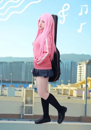 Vista 7 de C-ZOFEK Gotou Cosplay Costume Pink Coat Skirt Headdress and Socks Set