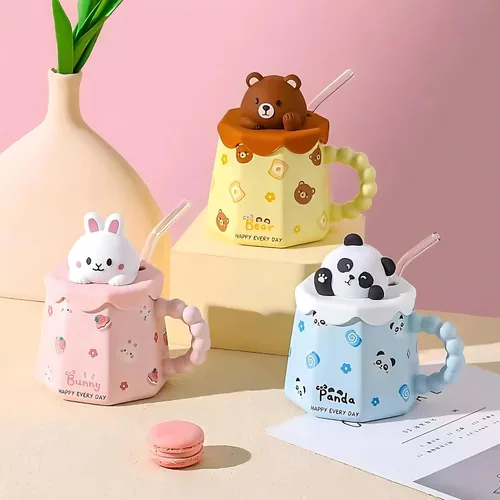 Vista 5 de Taza GawmFoiuy Mark con pajita, taza de cerámica con estampado de animales, 414 ml, tazas de café y té kawaii, tazas de animales divertidas, taza