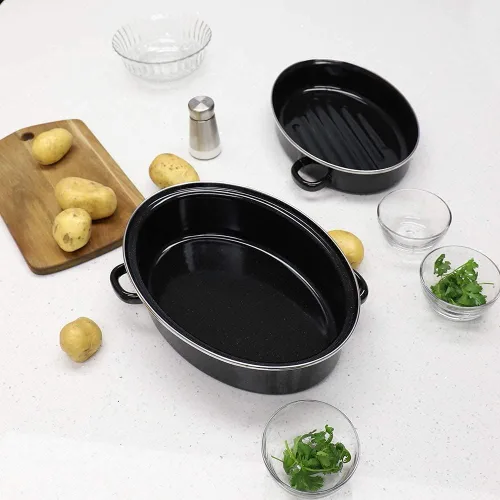 Vista 6 de Home Basics - Sartén esmaltada de 12 pulgadas con tapa abovedada, olla ovalada de acero al carbono con 4 asas, sartén antiadherente versátil