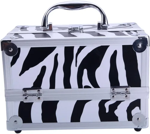 Vista 7 de Caja de tren de maquillaje de aluminio ligero, joyero, organizador de cosméticos con espejo (9.06 x 5.91 x 5.91) (largo x ancho x alto) cebra
