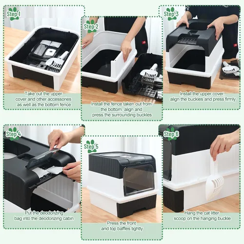 Vista 3 de Tioncy Kit de iniciación de 7 piezas para gatos pequeños, caja de arena para gatos con pala y alfombrilla de arena para patas, cuencos dobles Negro