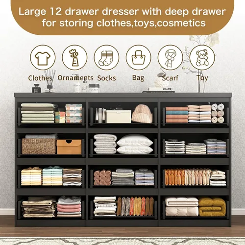 Vista 4 de Cómoda negra de 12 cajones para dormitorio, cómoda moderna con cajones profundos de 63 pulgadas, cómoda de almacenamiento ancha y larga, muebles