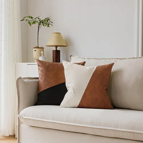 Vista 5 de Juego de 2 fundas de almohada de 20x20 pulgadas de cuero sintético blanco y marrón, almohadas decorativas de algodón estilo boho moderno para sofá