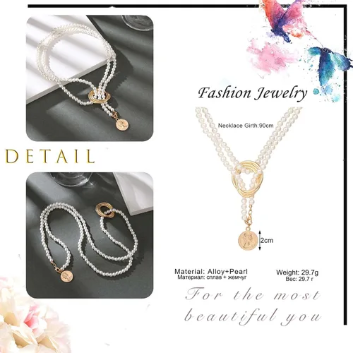 Vista 5 de Sttiafay Collar de perlas Lariat en Y, collar de cadena de perlas barrocas en Y, collar largo con borla larga, collar de suéter con dije de moneda
