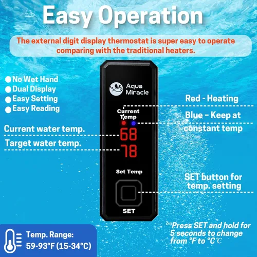 Vista 5 de AquaMiracle Calentador de acuario pequeño mejorado de 50 W, calentador de tanque de peces, calentador de tortuga, súper mini calentador de acuario