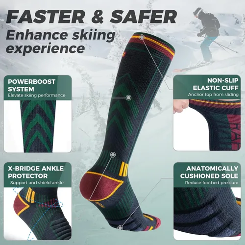 Vista 2 de Rahhint Calcetines de esquí de lana merino paquete de 2 calcetines térmicos de compresión hasta la rodilla para mujer hombre para esquí snowboard