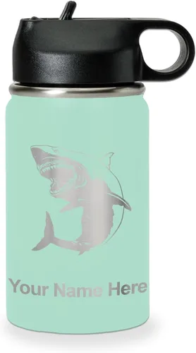 Vista 60 de LaserGram Botella de agua personalizada, gran tiburón blanco, acero inoxidable de doble pared aislada al vacío con popote superior, regalo grabado