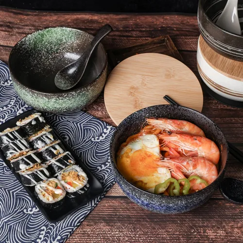 Vista 4 de Tazones grandes de cerámica para ramen de 38 onzas, 2 juegos (8 piezas), cuencos de ramen japonés, tazón de sopa, cuencos de fideos con cucharas