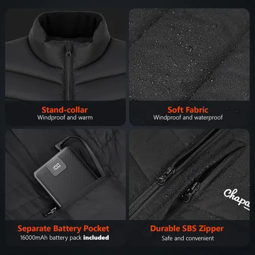 Vista 7 de Chaleco térmico para hombre con batería incluida, chaleco de calefacción eléctrico recargable de 7.4 V, temperatura inteligente. Control