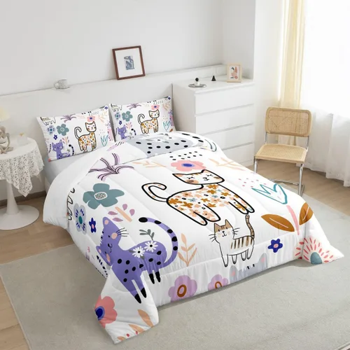 Vista 3 de Feelyou Juego de edredón de dibujos animados de gatos, juego de edredón de gatitos y flores, para niños, niñas, adolescentes, mascotas, gatos, juego