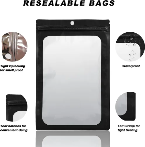 Vista 3 de Paquete de 100 bolsas de Mylar con ventana transparente, bolsas de almacenamiento de alimentos, a prueba de olores, embalaje de mano resistente a
