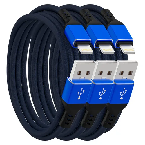 Vista 15 de Ironten Cable de carga para iPhone, certificado MFi de Apple, 1 paquete de 6 pies, color azul, largo, de carga rápida, sincronización de datos