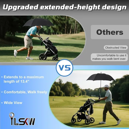 Vista 3 de iLSKW Soporte de paraguas para carrito de golf resistente, diseño resistente al viento, base de aleación de aluminio con ajuste de 180 grados