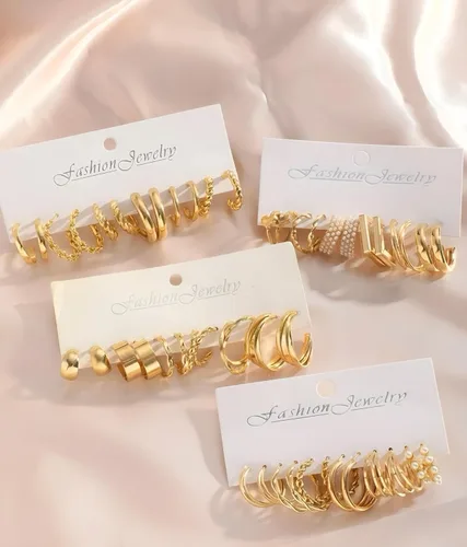 Vista 3 de Juego de 24 pares de aretes de aro dorados para mujeres y niñas, paquete múltiple de aretes de aro trenzados, hipoalergénicos, de cadena gruesa