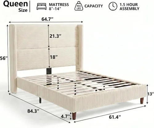Vista 2 de WEUP Base de cama Queen con cabecera alta, marcos de cama tapizados de pana de 56 pulgadas, plataforma de marco de cama de nube con respaldo de ala