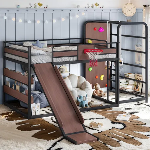 Vista 10 de Polibi Twin Metal Loft Bunk Bed with Basketball Hoop, Slide, Climbing Wall Loft Bed With Climbing Wall, Slide, Rings, And Bookshelves. A Fun Black