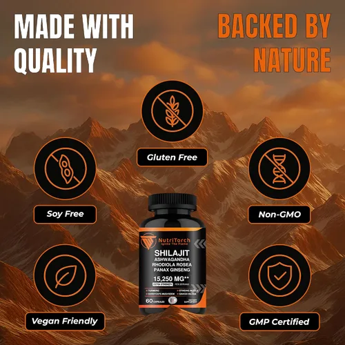 Vista 3 de Shilajit Cápsulas - Suplemento con Ashwagandha, Rhodiola Rosea, Panax Ginseng, Cúrcuma, Champiñones Cordycep, Ginkgo Biloba - 15250Mg - 60 Cápsulas