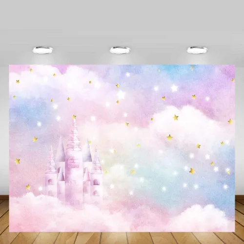 Vista 3 de MEHOFOND Acuarela de arco iris pastel para estudio fotográfico, decoración de fondo para cabina de estudio fotográfico, estrellas doradas, nube