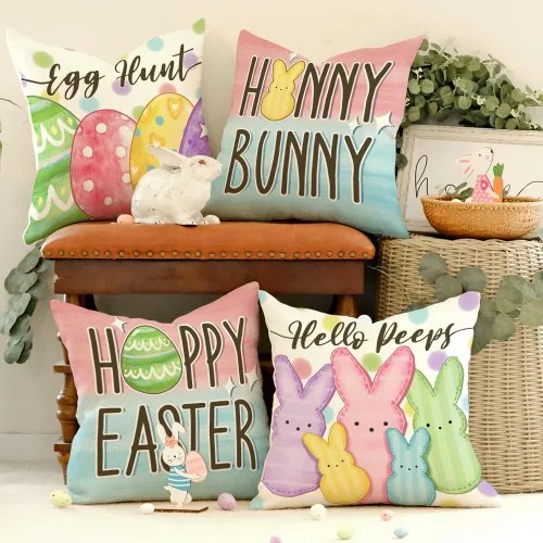 Vista 3 de GEEORY Happy Easter Eggs Hello Peeps - Juego de 4 fundas de almohada de 18 x 18 pulgadas, diseño de conejito de conejito con lunares, decoración