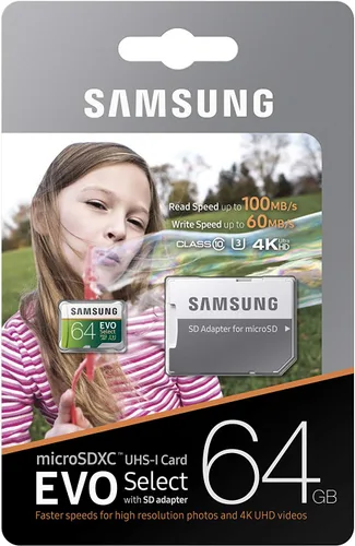 Vista 9 de Samsung 64 GB, 100 MB/s (U3) MicroSD EVO Select Tarjeta de memoria con adaptador (MB-ME64GA/AM)