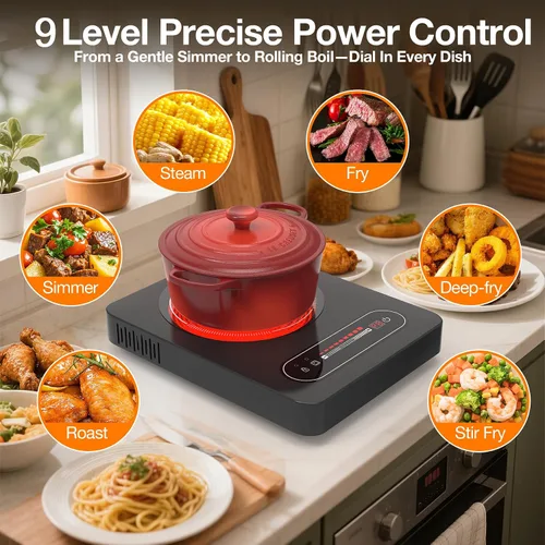 Vista 3 de ANHANE Estufa eléctrica de 1800 W, quemador individual portátil de 11 pulgadas con temporizador y bloqueo para niños, estufa compacta de encimera