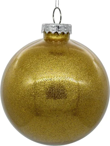 Vista 2 de Vickerman Adorno navideño de bola transparente de 3 pulgadas con interior de purpurina dorada antigua. Oro envejecido