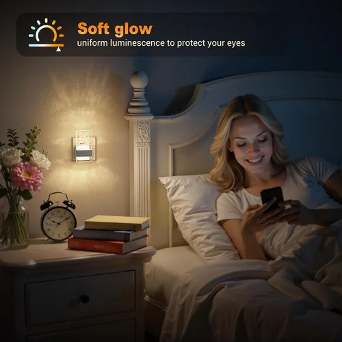 Vista 4 de JandCase Luz nocturna enchufable con sensor de atardecer a amanecer, brillo ajustable de 0-100 lúmenes, luz nocturna LED blanca cálida de 3000 K