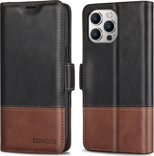 Vista 12 de KEZiHOME Funda de piel auténtica compatible con iPhone 16, con bloqueo RFID, con soporte para tarjetas, función atril magnético, funda protectora