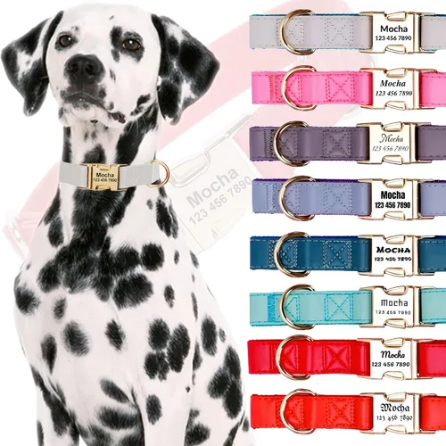 Vista 6 de Custom Large Dog Collar Solid Color Personalized Pet Collar Leather & Nylon Puppy Dogs ID Collars Engraved Name for Small Medium Large Dog