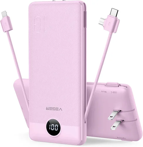 Vista 10 de VEGER Cargador portátil para iPhone con cables integrados y enchufe de pared, batería externa de carga rápida de 10,000 mAh delgada con USB C