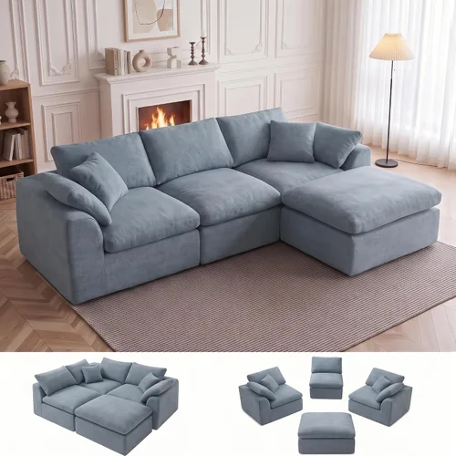 Vista 17 de Sofás seccionales de nube deshuesada de 110 pulgadas para sala de estar, sofá modular en forma de L con otomana, moderno y cómodo sofá nube con Negro