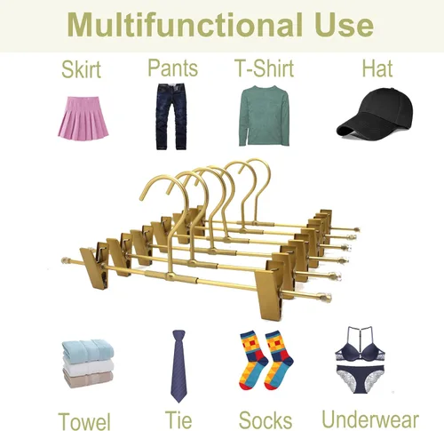 Vista 6 de Percha para pantalones, perchas de aluminio dorado para faldas, 2 clips ajustables, perchas de ropa resistentes que ahorran espacio, percha duradera