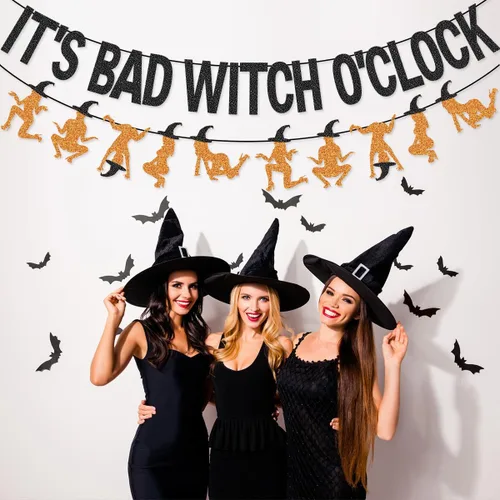 Vista 4 de Guirnalda de pancarta con texto en inglés "It's Bad Witch O'Clock para decoraciones de despedida de soltera de Halloween
