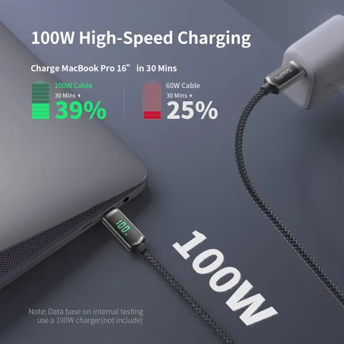 Vista 2 de SOOPII Cable USB C a USB C de 100 W, cable trenzado tipo C de nailon de 1 pie con pantalla LED para iPhone 15/15 Pro/15 Plus/15 Pro Max, MacBook