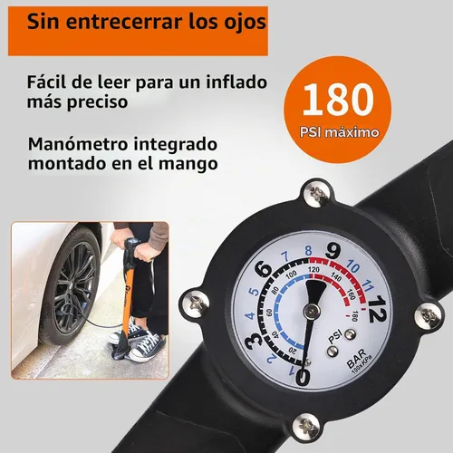 Vista 3 de TOOLITIN Bomba de bicicleta profesional, bomba ergonómica para bicicleta con manómetro montado en el mango integrado, 180 psi, se adapta a válvulas