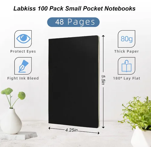 Vista 5 de Paquete de 100 cuadernos pequeños en blanco y diario a granel, cubierta negra, papel grueso sin forro, 4.25 x 5.5 pulgadas, 48 páginas, cuaderno