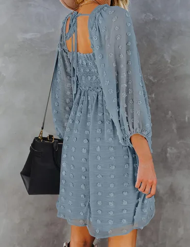 Vista 4 de ZESICA Vestido corto de verano para mujer, manga larga, cuello cuadrado, lunares suizos, fluido, acampanado, fruncido, babydoll