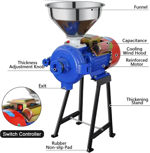 Vista 4 de Molino Eléctrico de Granos 3000W, Molino de Cereales Secos 110V con Embudo, Molino Eléctrico Comercial para Pienso Molino Seco, Molino de Arroz Maíz