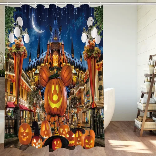 Vista 3 de Cortina de ducha de Halloween para baño, niños, caricatura, calabaza, sombrero de mago, luna, castillo, estrella, lámpara de calle, decoración